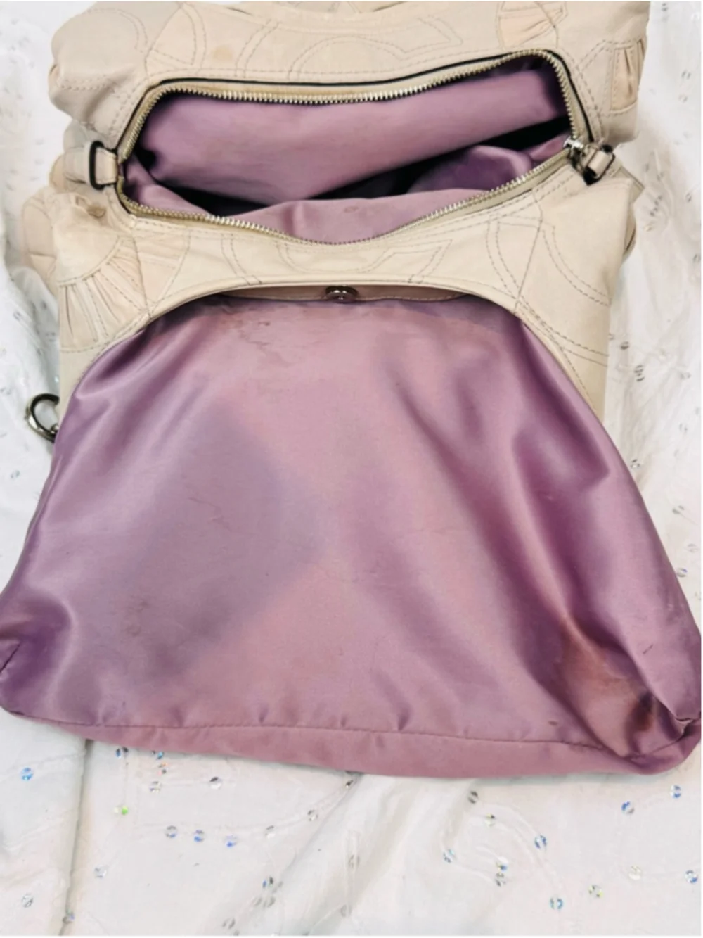 Coach 2010 Madison Maggie Putty Leather Op Art Shoulder Bag Lavender lining